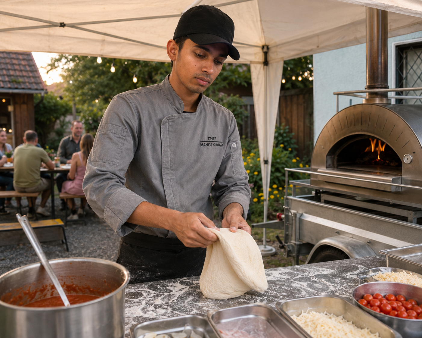 Chef Manoj stretching Neapolitan dough beside the mobile wood-fired oven
