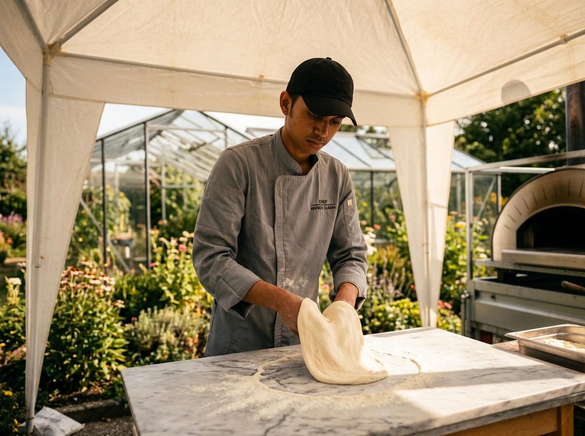 Chef Manoj stretching fresh pizza dough at an outdoor event station