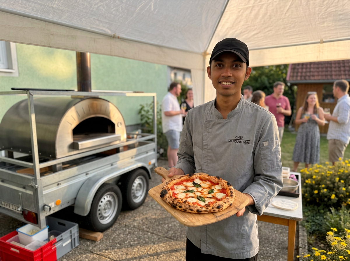 Chef Manoj presenting a freshly baked margherita beside the pizza trailer